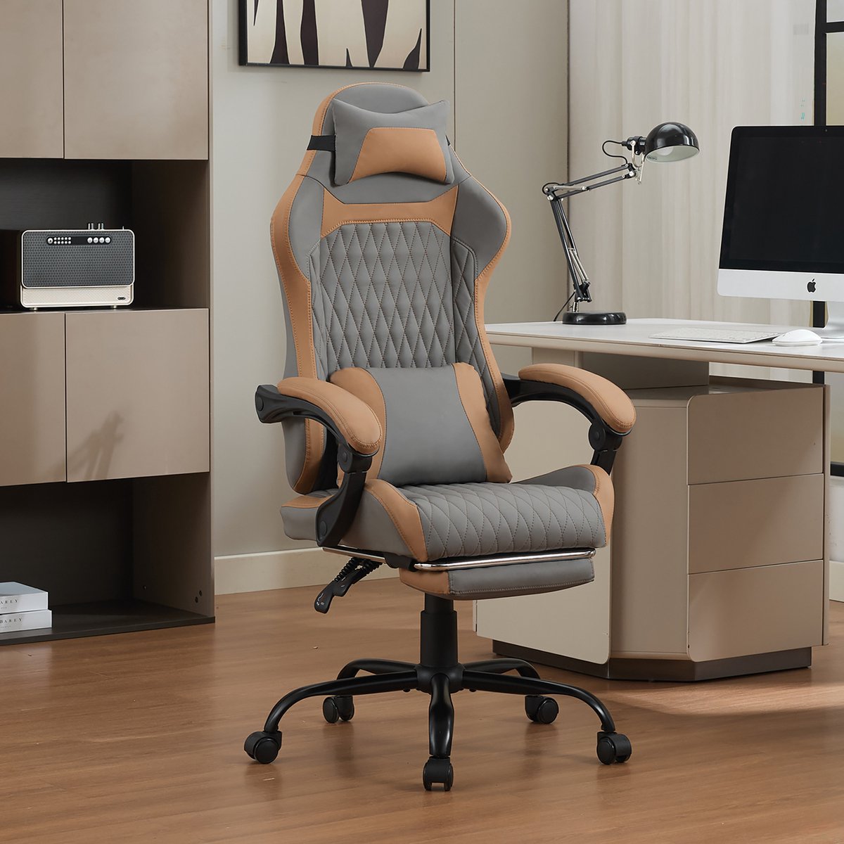 COVREO Gaming bureaustoel 62 cm - grijs bruin, voetsteun, 136 kg, 360 graden draaibaar