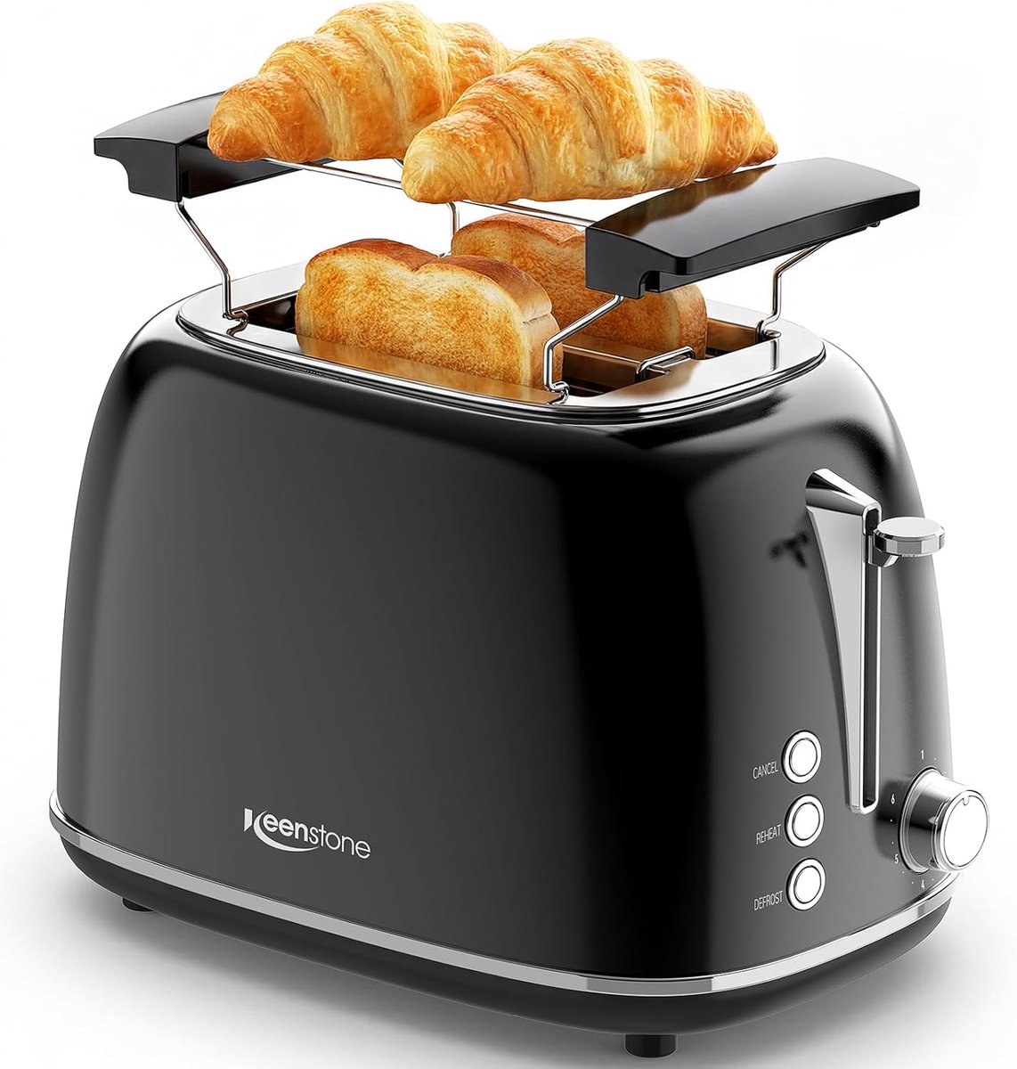 SnelShoppen - Retro Toaster 2 Sneden, RVS Zwart, Extra Brede Sleuven, 6 Bruiningsniveaus, Verwarm- en Ontdooifunctie, Perfect voor Bagels en Toast