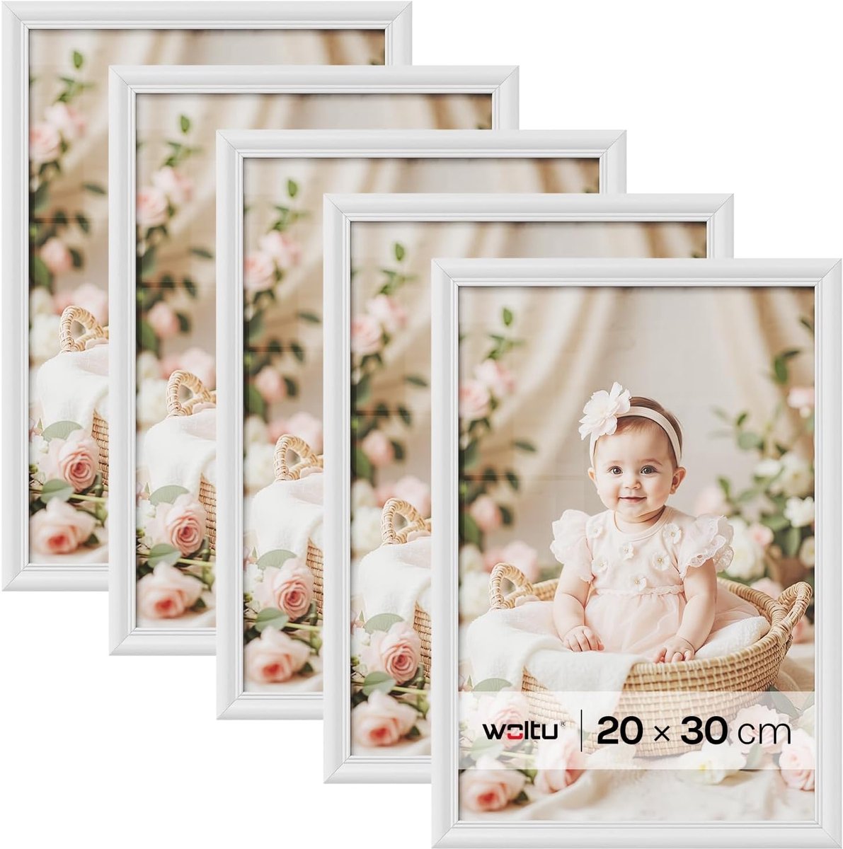SnelShoppen - Set van 5 Witte Fotolijsten 20x30cm van Hout en Glas - Decoratieve Fotoramen voor Thuis, Kantoor, Feesten en Meer