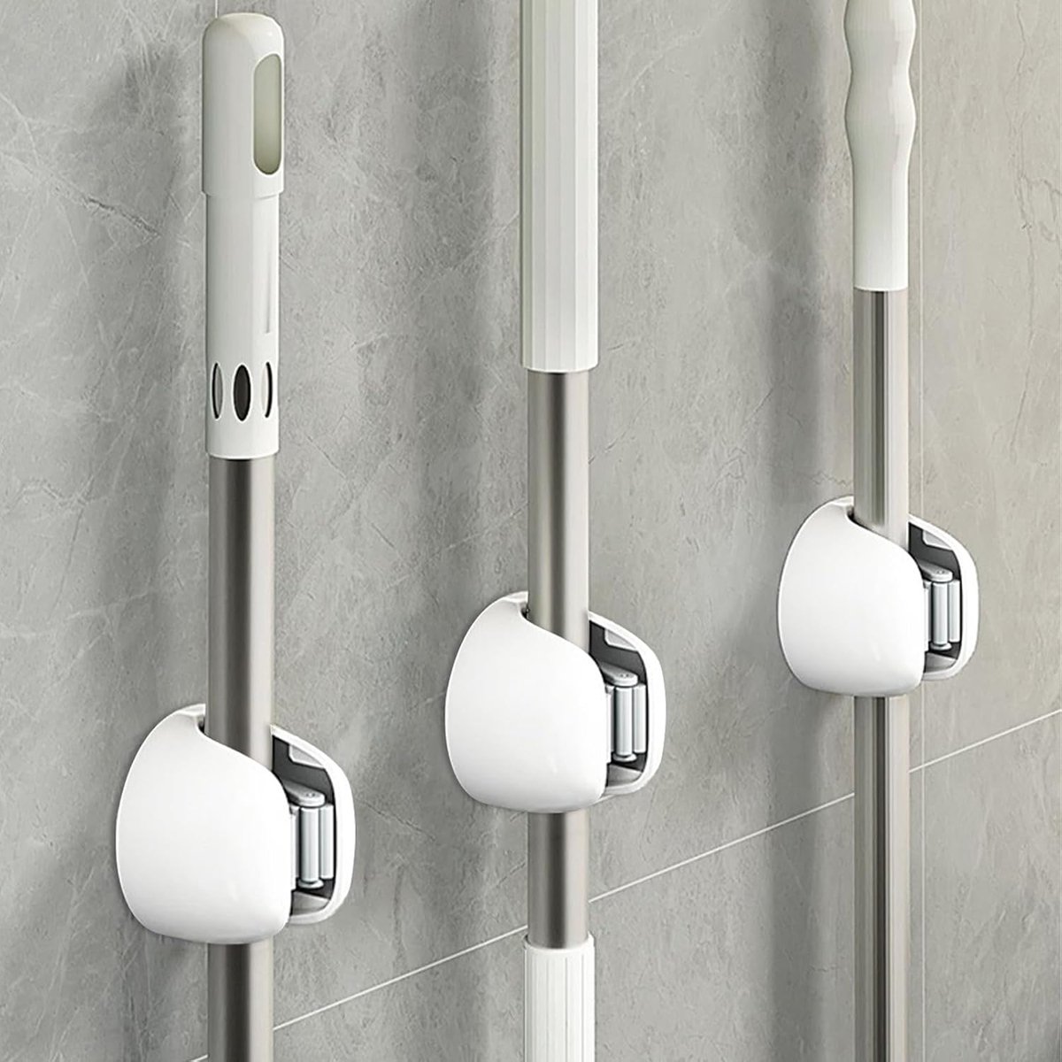 SnelShoppen - 3 Stuks Broom Holders - Wandmontage Broom Holder - Geen Boren Nodig - Robuuste ABS + HIPS + TPR - Grijs Wit voor Nettere Ruimtes