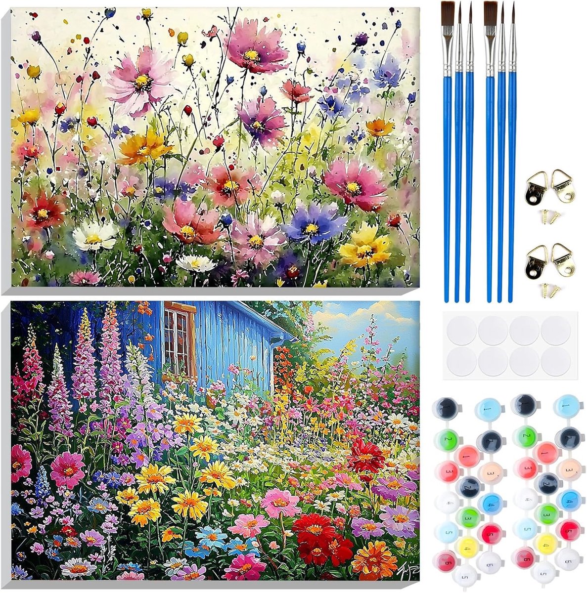 2 Stuks Volwassen Schilderen op Nummer Set met Bloemen en Landschap, Inclusief DIY Olieverf en Houten Easel voor Beginners