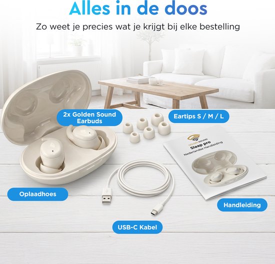 Overzicht van de inhoud van de doos: oplaadhoes, 2x earbuds, USB-C kabel, eartips in 3 maten, handleiding.