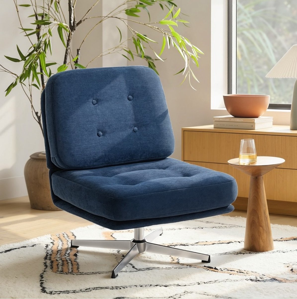 Wishdor Fauteuil - 360° draaibaar - Brede leesstoel met chenille en pocketvering - Modern design - Woonkamer - Metalen onderstel - Blauw - 70 cm