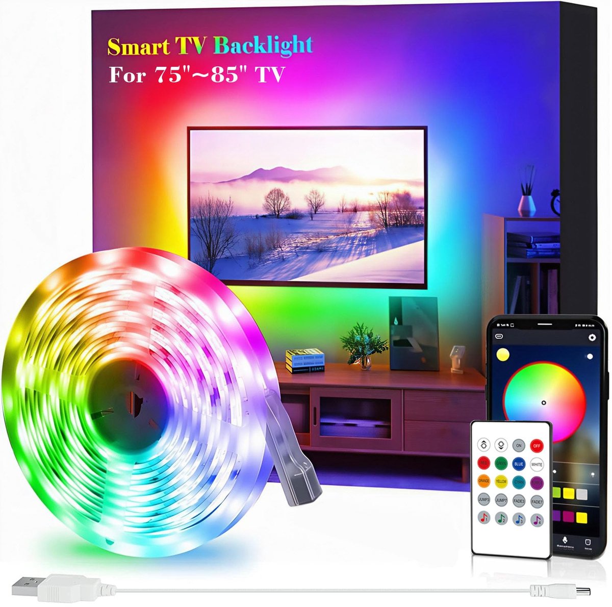 SnelShoppen - Led-stripverlichting voor tv, USB achtergrondverlichting met afstandsbediening en APP-besturing, 5050 RGB Smart LED voor 75-85 inch HDTV