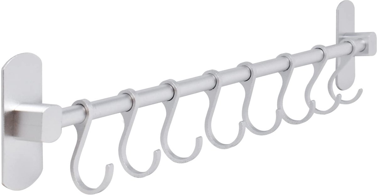 SnelShoppen - Aluminium Keukenrail 40cm met 8 Ophanghaken - Sterk 3M Zelfklevend - Ruimtebesparende Gereedschapshouder voor Keuken - Zilveren Muurbeve