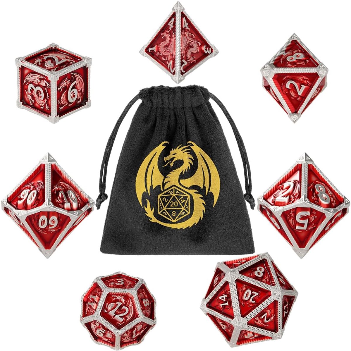 SnelShoppen - 7-delige Polyhedrale DND Metaal Dobbelstenen, Robuuste RPG Accessoires, Vintage Stijl, D20, D12, D10, D8, D6, D4, Perfect als Cadeau voo
