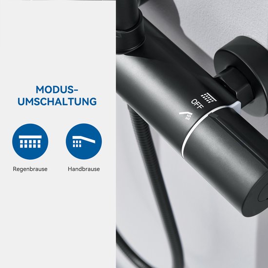 Modusomschakeling: regen- of handdouche. De zwarte thermostaatkraan toont 'OFF'.