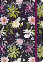 Gedetailleerde print van de 'Celestial Garden'-collectie met bloemen, bladeren, een vlinder en sterrenbeelden op donkere achtergrond.