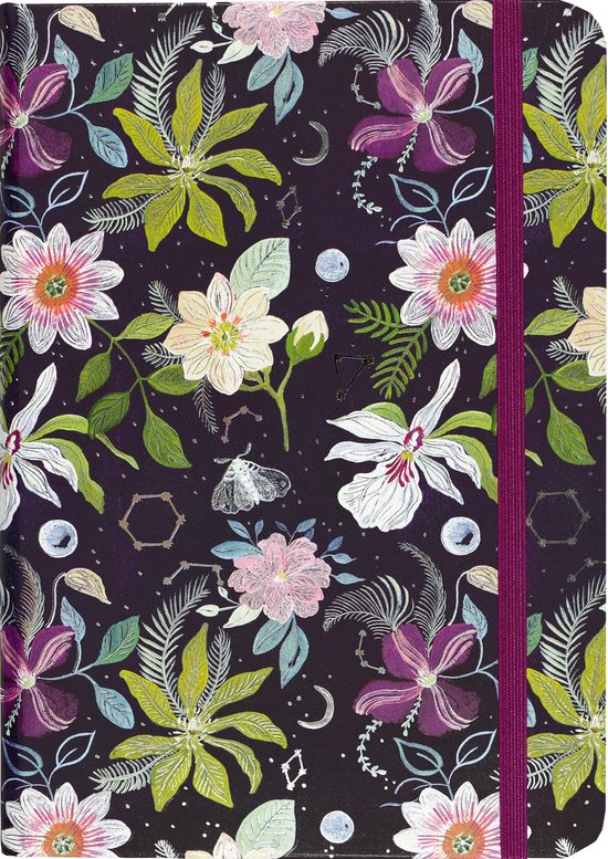 Gedetailleerde print van de 'Celestial Garden'-collectie met bloemen, bladeren, een vlinder en sterrenbeelden op donkere achtergrond.