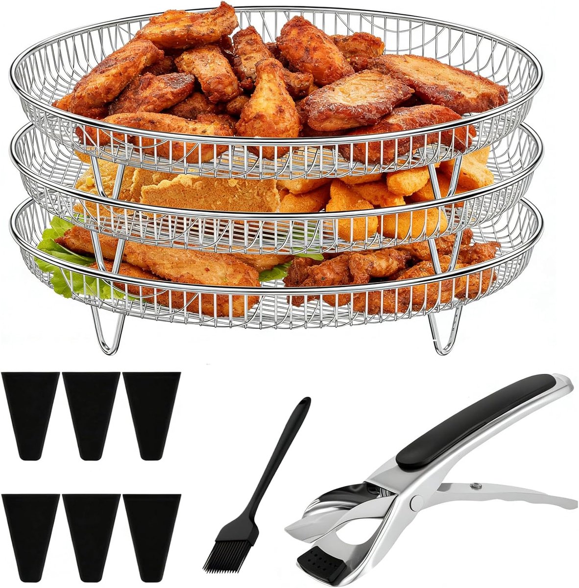 Fryer Rack Stapelbare manden 3 stuks 304 roestvrij staal 20 cm dehydratorrekken met siliconen voeten en pincet voor QT airfryer braden bakken