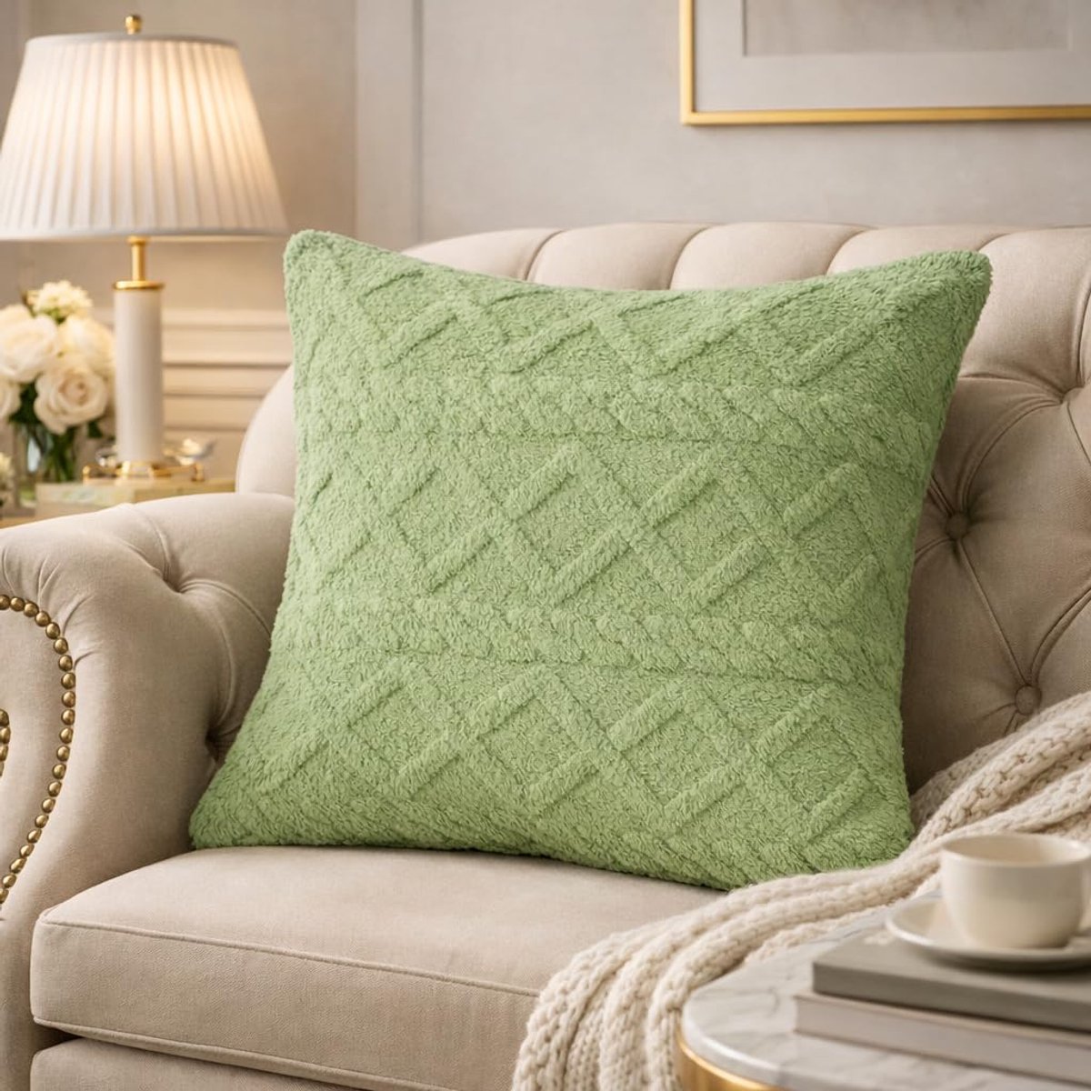 Home Kussensloop, 45 x 45 cm, saliegroen, decoratieve jacquard kussenhoes met verborgen ritssluiting, elegante kussenhoes voor woonkamer, slaapkamer en bank, saliegroen