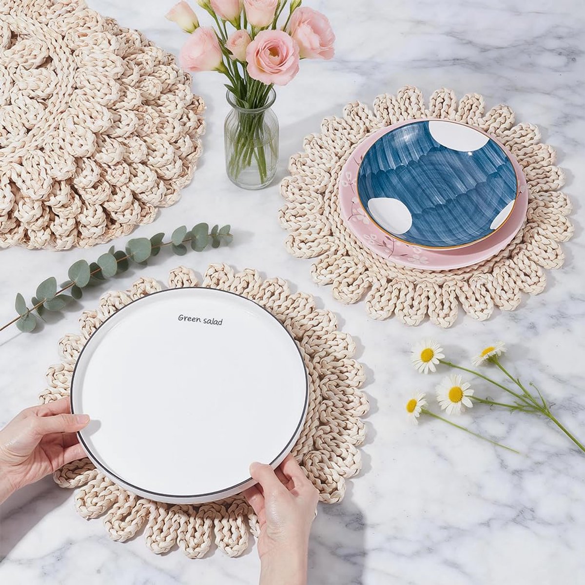 8 stuks Boho geweven rotan tafelmatten, ronde rietjes husk placemats tarwevlecht stro tafelmat 34,5 x 1,7 cm rustieke rieten placemats voor eettafels herfst Thanksgiving Kerstmis