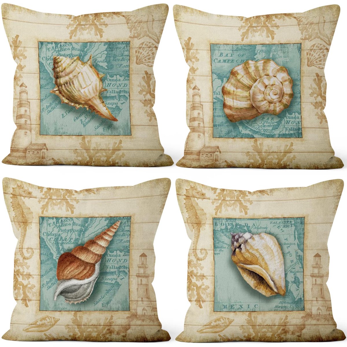 46 x 46 cm, set van 4 decoratieve Middellandse Zee stijl kussenhoes retro bankkussens zeeschelpen sierkussenhoes vierkant decoratief kussen kind slaapkamer woonkamer buiten tuin bank