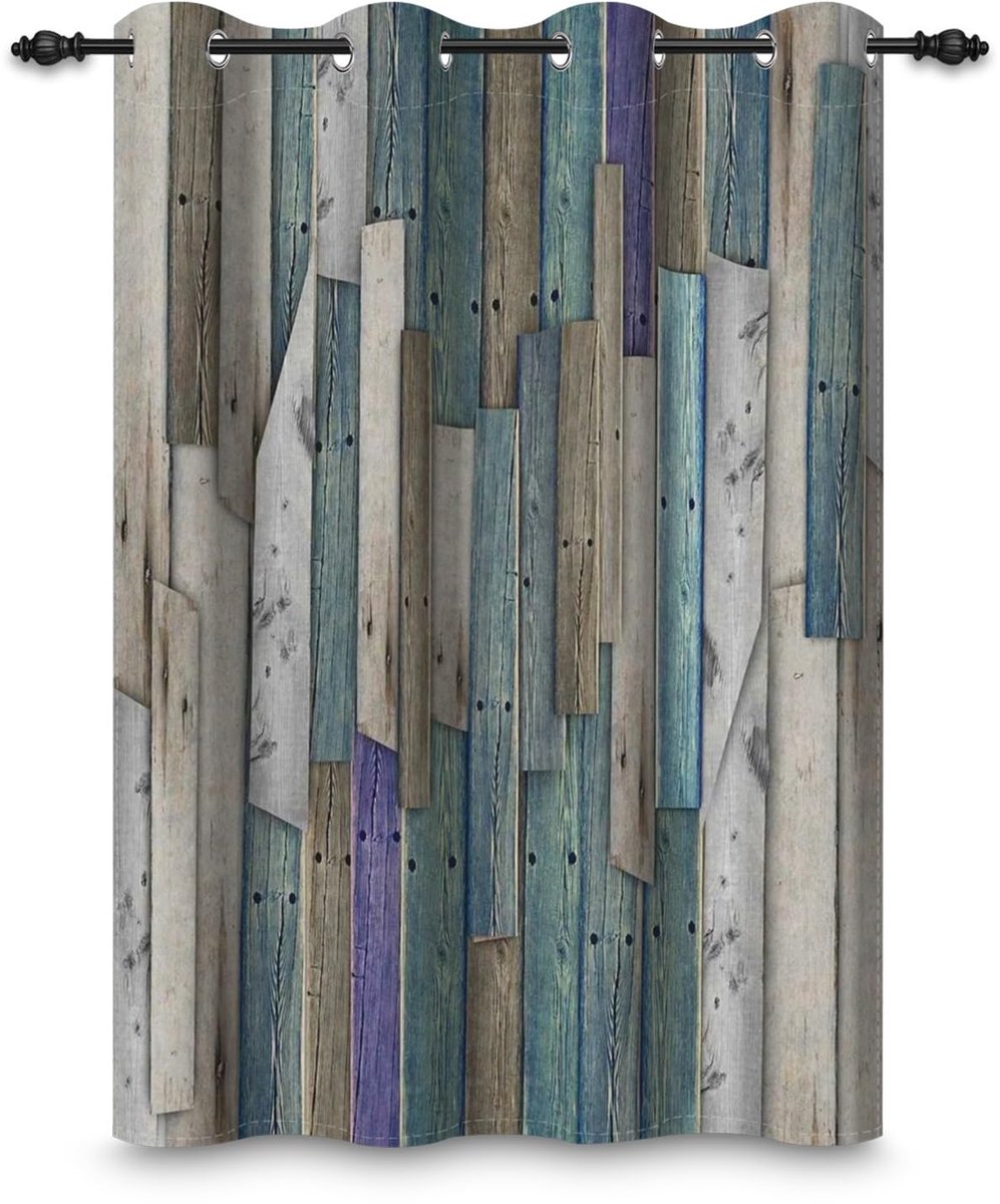 Verduisteringsgordijn van Houten Plank, Blauw/Grijs, Verticale Strepen, Landschap, Thermische isolatie, Ruimteverdeler, Oogjes Gordijnen voor Ramen, Woonkamer, Slaapkamer, 1
