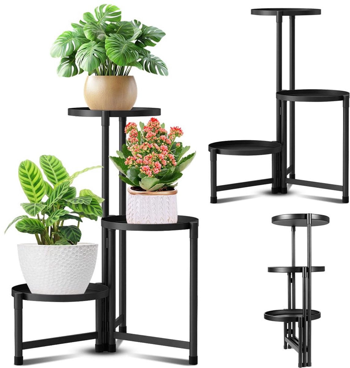 bloemenrek met 3 niveaus, zwart plantenstandaard, plantenrek voor binnen en buiten, decoratief staand rek voor terras, tuin, balkon, woonkamer, slaapkamer