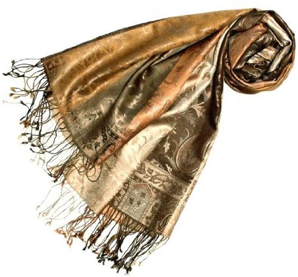 CANA Pashmina damessjaal, jacquard geweven, van 100% zijde, 70 x 190 cm, paisleypatroon, zijden sjaal, zijden doek, harmonieuze bruin-goud kleuren 78080