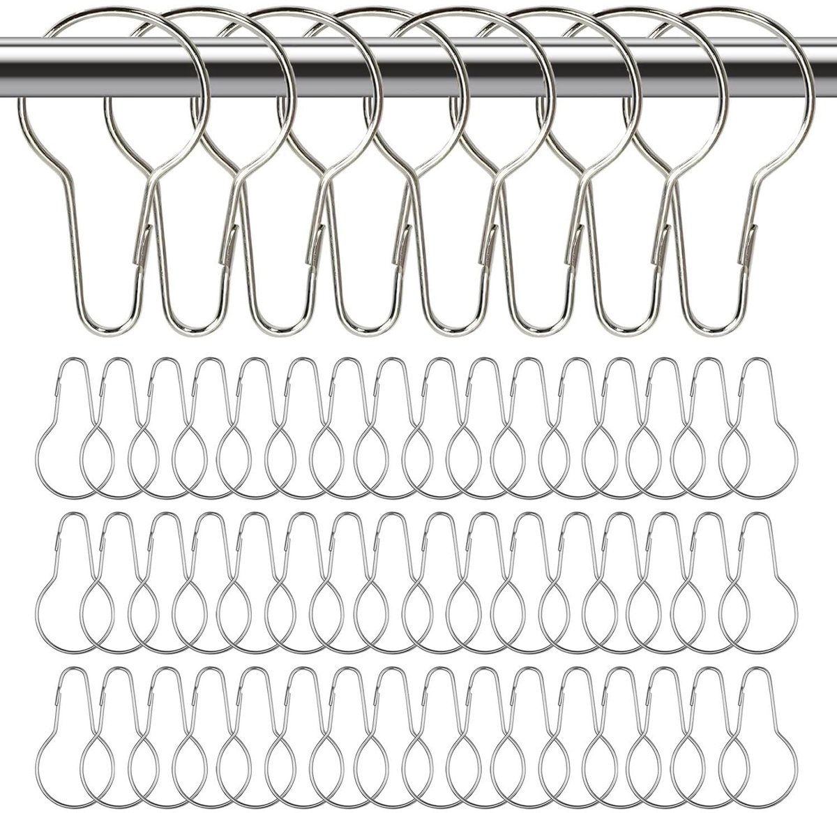 60 afneembare roestvrijstalen gordijnringen, douchegordijnringen en haken met een schuifrailsysteem, eenvoudig te installeren, geschikt voor badkamers, doucheruimtes, keukens (zilver)