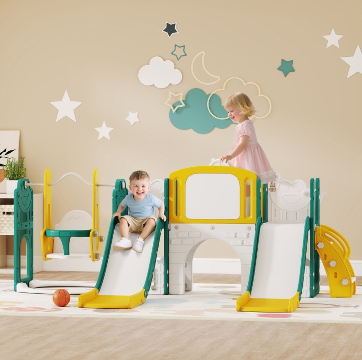 MEUNIQ 9-in-1 kinder glijbaan en schommel speelset met 2 glijbanen, basketbalring, kruiptunnel, telescoop, klimrek, opbergbox en tekenbord, 250 x 150 x 94 cm