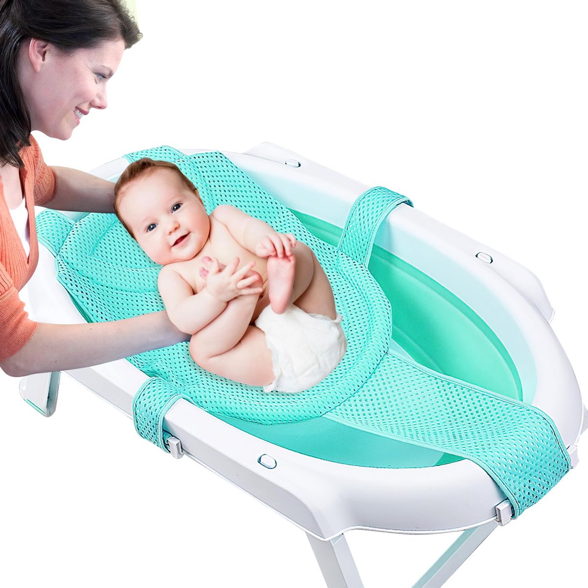 badzitje voor baby's, badkuipinzet, baby met mesh, verstelbaar, babybadmat met veiligheidsgordel, babybadkussen voor pasgeborenen en peuters, blauw