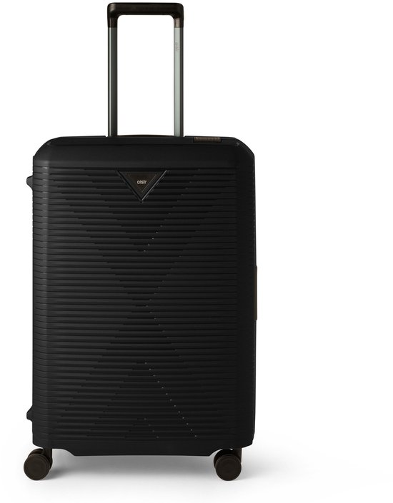 Zwarte Oistr Oslo spinner koffer, 66 cm, met ritssluiting en een gestreept patroon.