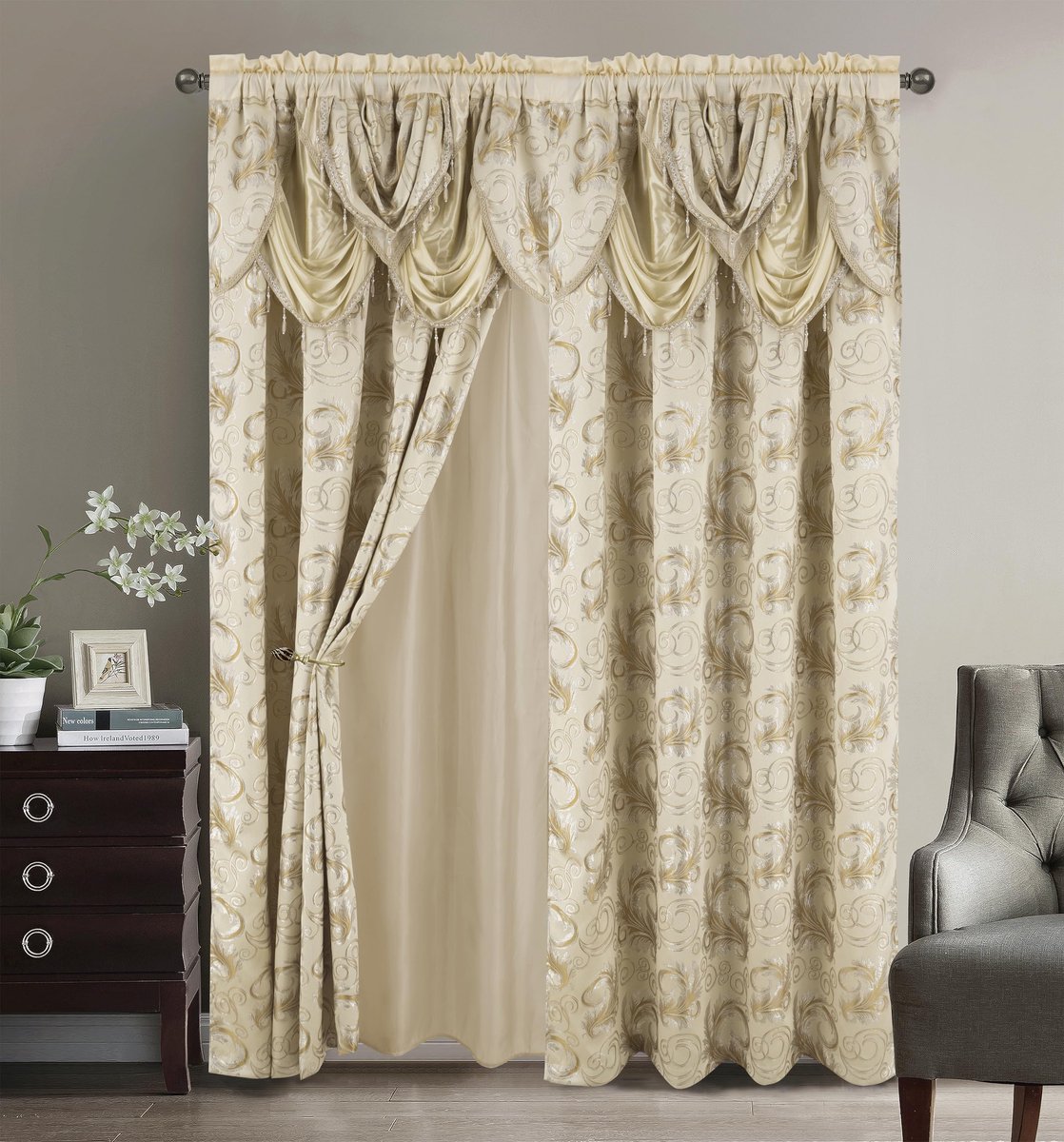 Raamgordijn met valanza en achterkant voor slaapkamer, woonkamer, eetkamer, beige, 290 x 213 cm