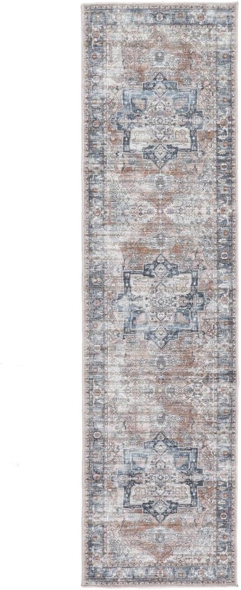 Dhabi Oriental, Vloerkleed, Oosterse, 80 x 300 cm, Rechthoekig, Laagpolig, Woonkamer, Slaapkamer, Keuken, Hal, Machinewas, Terracotta/Blauw