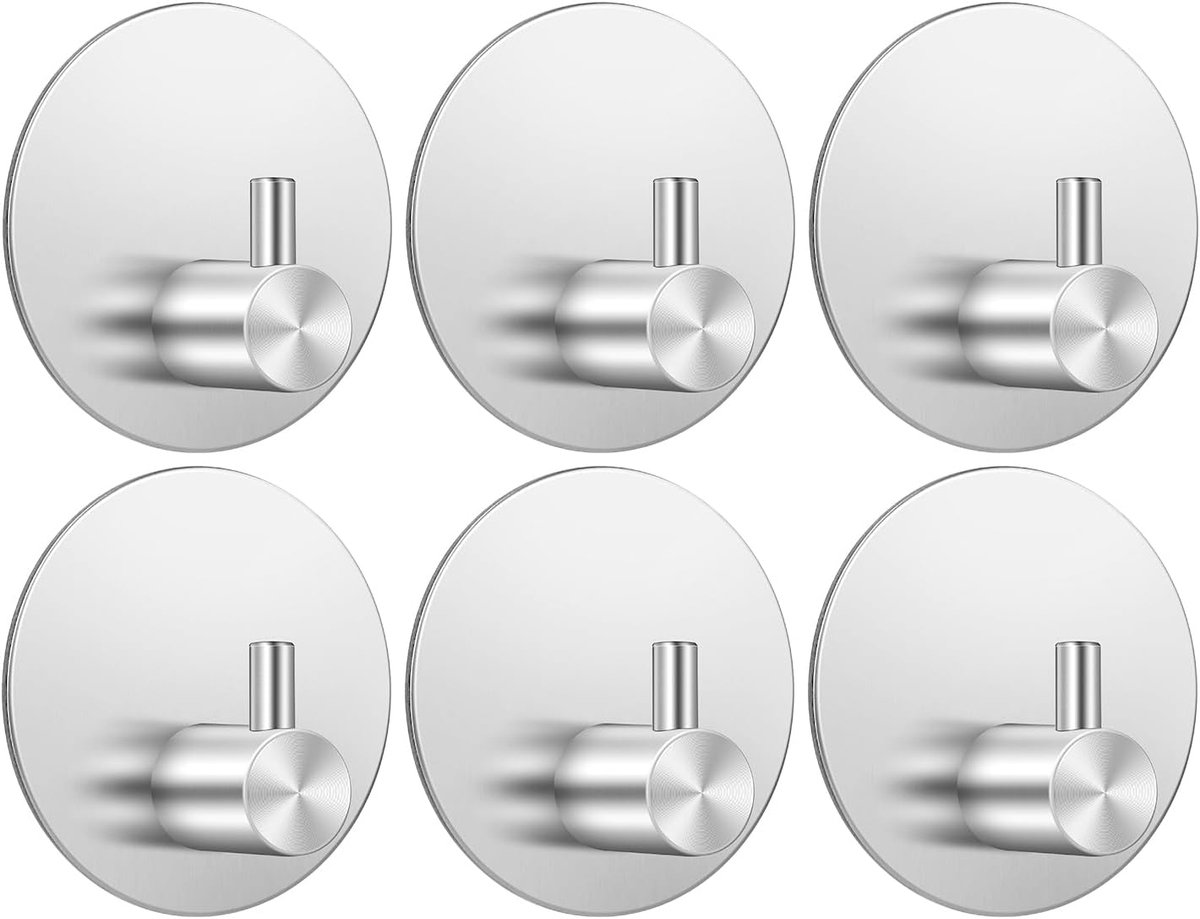 Zelfklevende haken, zilver, rond, 6 stuks, zonder boren, waterdicht, kleefhaken, extra sterk, van roestvrij staal 304, wandhaken voor keuken, badkamer, slaapkamer