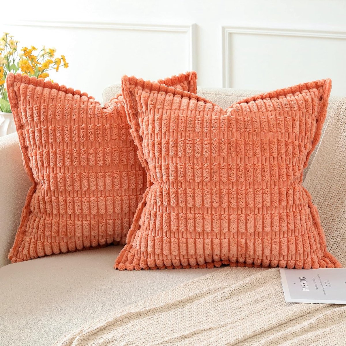 Set van 2 corduroy kussenslopen, moderne kussenhoezen, decoratieve bankkussens, omwikkelde rand, sierkussenhoes voor woonkamer, bank, slaapkamer, boho, decoratie, marmelade, 40 x 40 cm