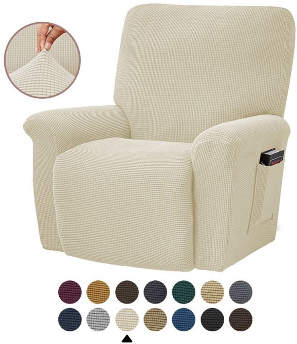 LISM-Eenpersoons relaxfauteuilhoes, jacquard geruite stretch bankhoes, gebroken wit