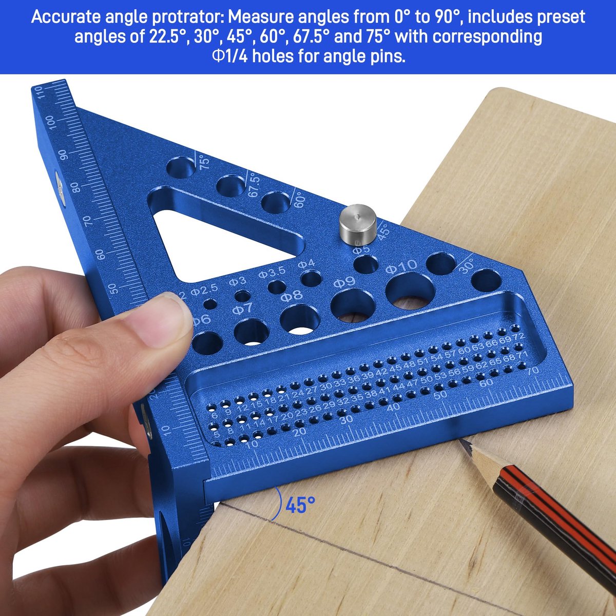 3-D Speed Square, 22,5-90 ° aluminiumlegering, combinatie vierkant, nauwkeurige timmerlieden vierkant met 11 verschillende boorgaten en positioneringshulp, multifunctionele