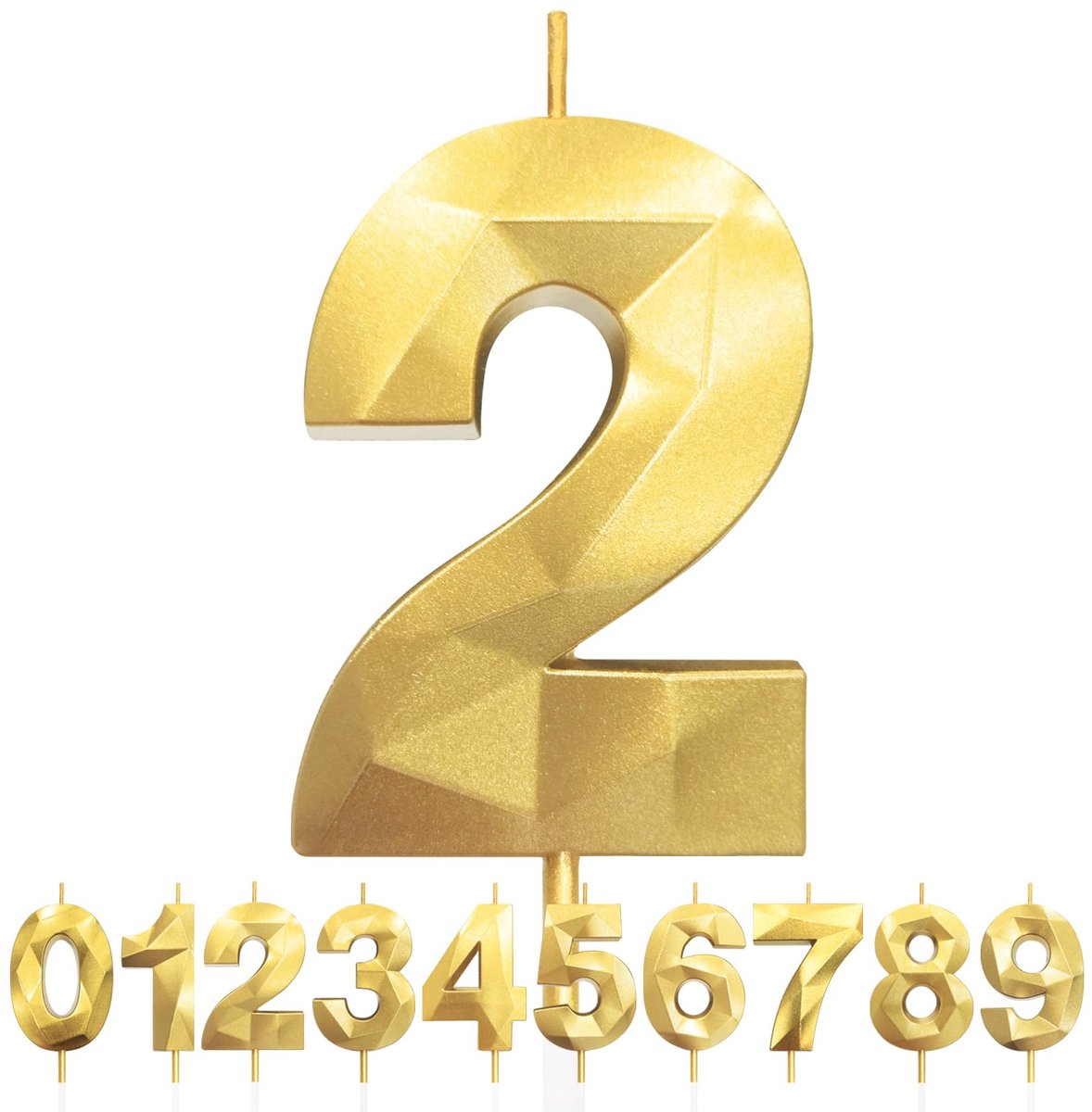 Kaarsen, nummer 2 kaars, gouden 3D Happy Birthday-kaarsen, milieuvriendelijk, 2 inch taartkaarsdecoraties voor verjaardagsfeest, bruiloft, jubileum, viering benodigdheden