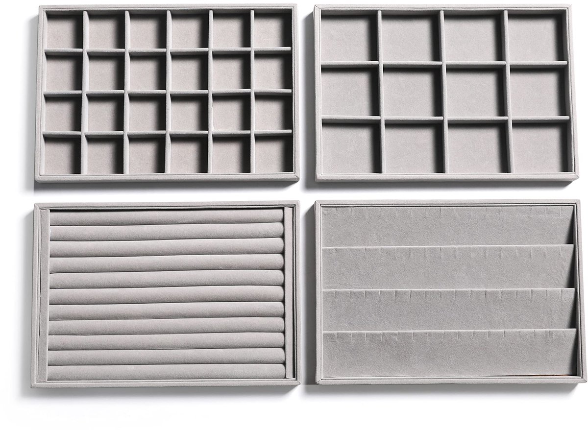 Stapelbare fluwelen sieradenorganizers voor lades Inzetstukken Sieradenopslag Vitrines Oorbellen Armbanden Kettingen Ringen Accessoires Dienbladen voor vrouwen (set van 4, grijs)
