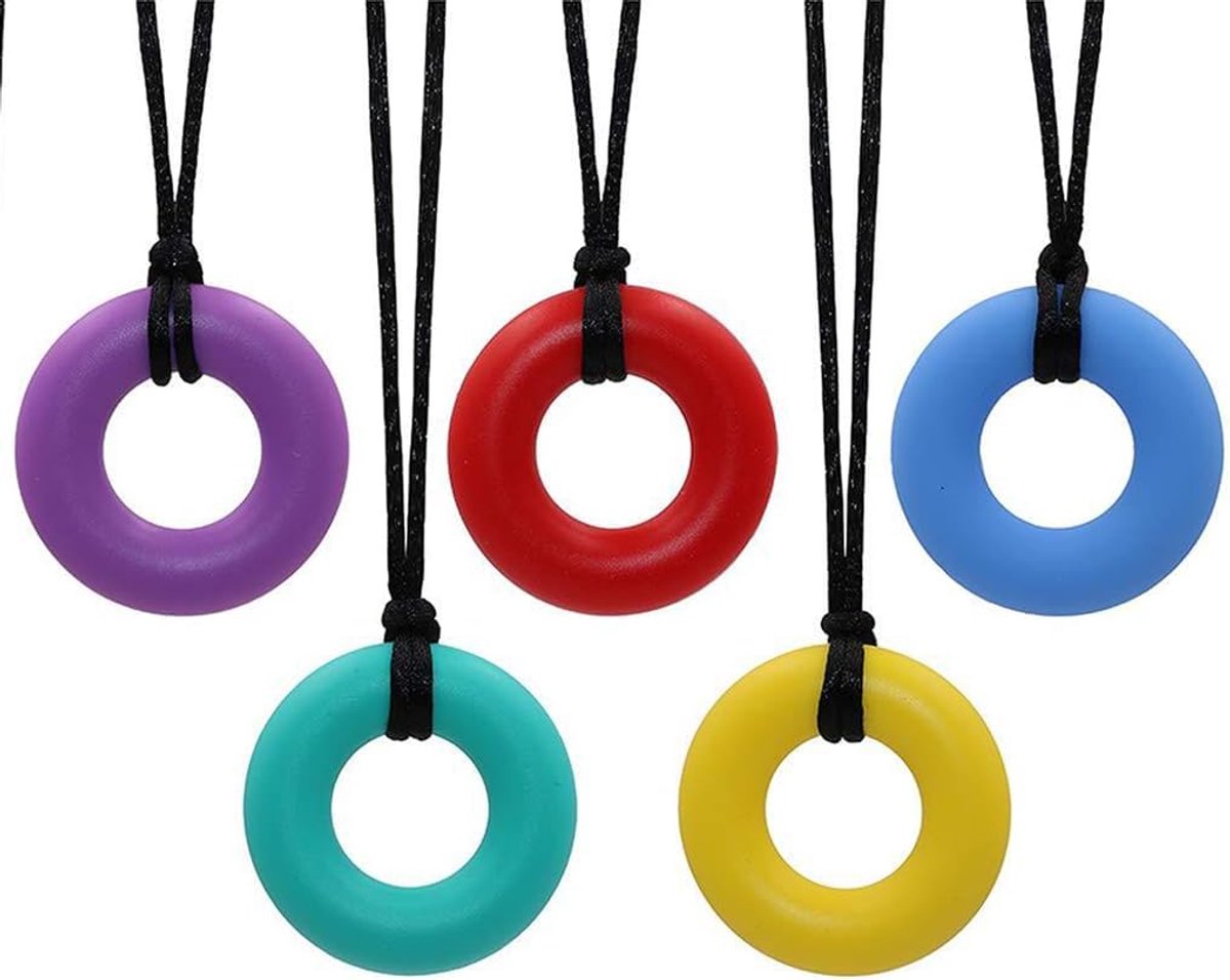 kauwketting voor kinderen en volwassenen, 5-pack siliconen bijtring hanger, kauwketting set in blauw geel rood paars mintgroen