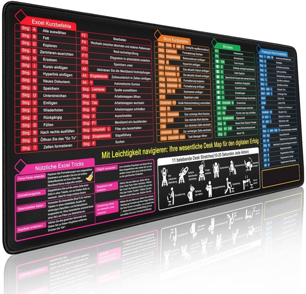 Dailygoods - XL Bureauonderlegger met shortcuts, 80 x 30 cm, muismat met Excel Word PPT Windows, toetsencombinaties Duits, groot bureau-muismat, antislip bureaumat voor kantoor, thuiskantoor, studie