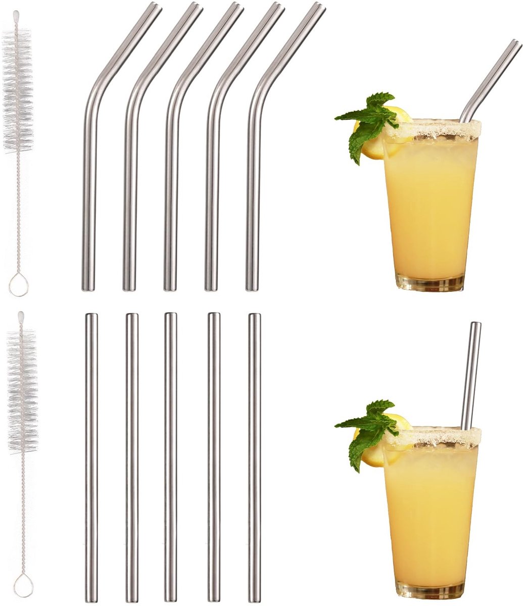 Dailygoods- Rietjes Herbruikbaar 10 Stuks - Roestvrij Staal - 5 Rechte/5 Gebogen - Inclusief Reinigingsborstels - 13x0,6 cm - Duurzaam en Lichtgewicht - Drinkrietjes