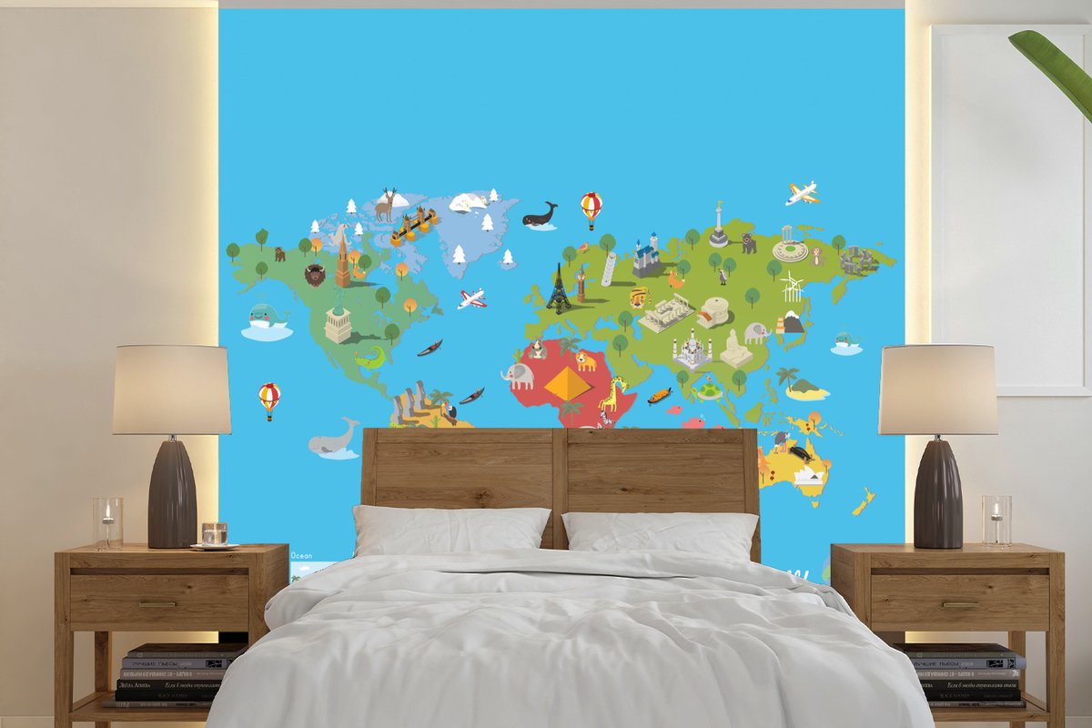Behang - Fotobehang Wereldkaart Kinderen - Modern - Symbolen - Breedte 220 cm x hoogte 220 cm