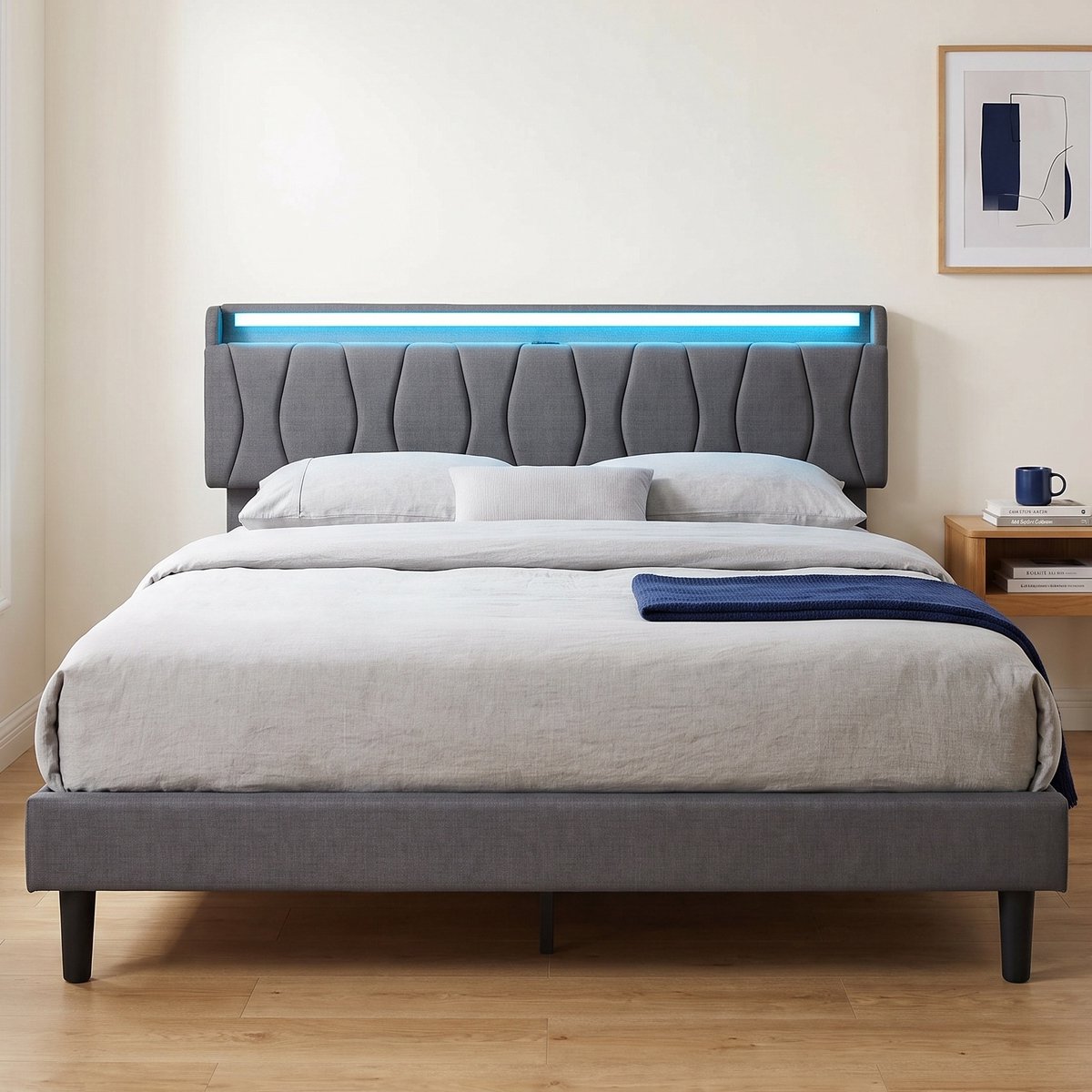 Gestoffeerd bed 160x200 cm - Tweepersoonsbed met RGB LED en USB/Type-C - Hoofdbord met opbergruimte - Linnen - Modern - Grijs