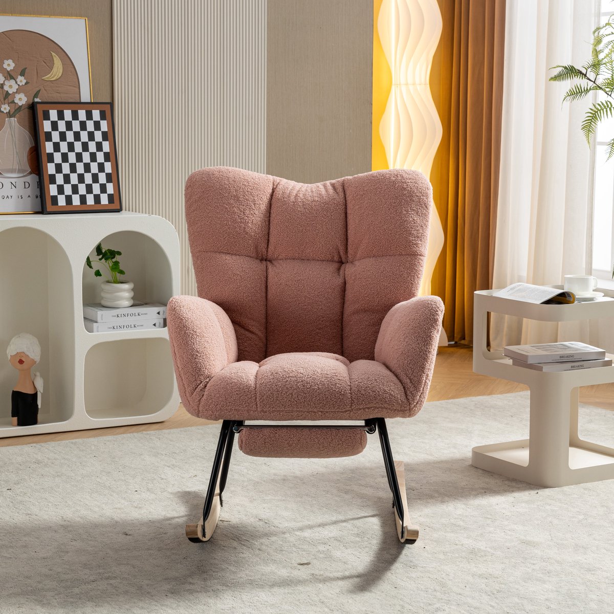 DESMIU Schommelstoel 70 x 98 x 98,5 Cm - Met Uitschuifbare Voetsteun En Dikke Vulling - Voor Woonkamer En Slaapkamer - Teddy Stof Roze