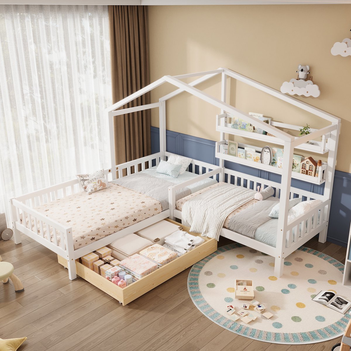 DESMIU Kinderbed 200x90cm plus 140x70cm - Huisbed met L-vorm, Lades en Planken - Speel en Slaapruimte voor Kinderkamer - Massief Hout - Wit Zonder matras