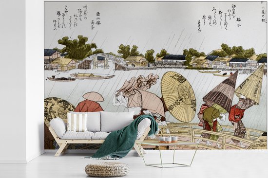 Behang - Fotobehang Japanse illustratie Makura bridge van Katsushika Hokusai - Breedte 420 cm x hoogte 280 cm