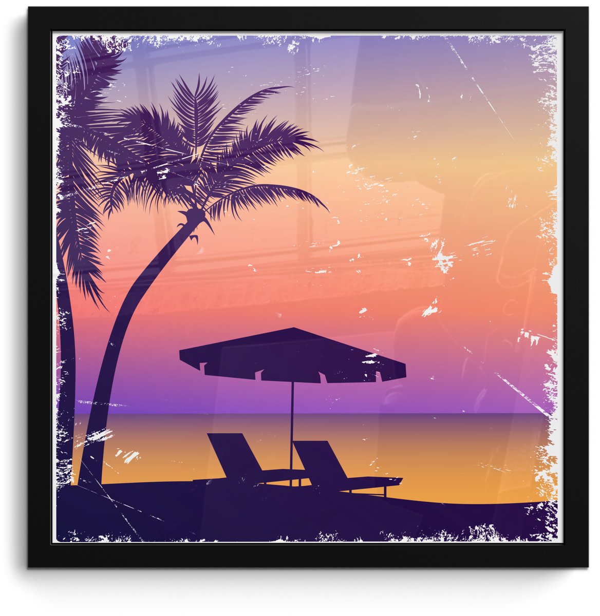 Fotolijst incl. Poster - Strandstoel - Parasol - Nacht - Waterverf - 40x40 cm - Posterlijs