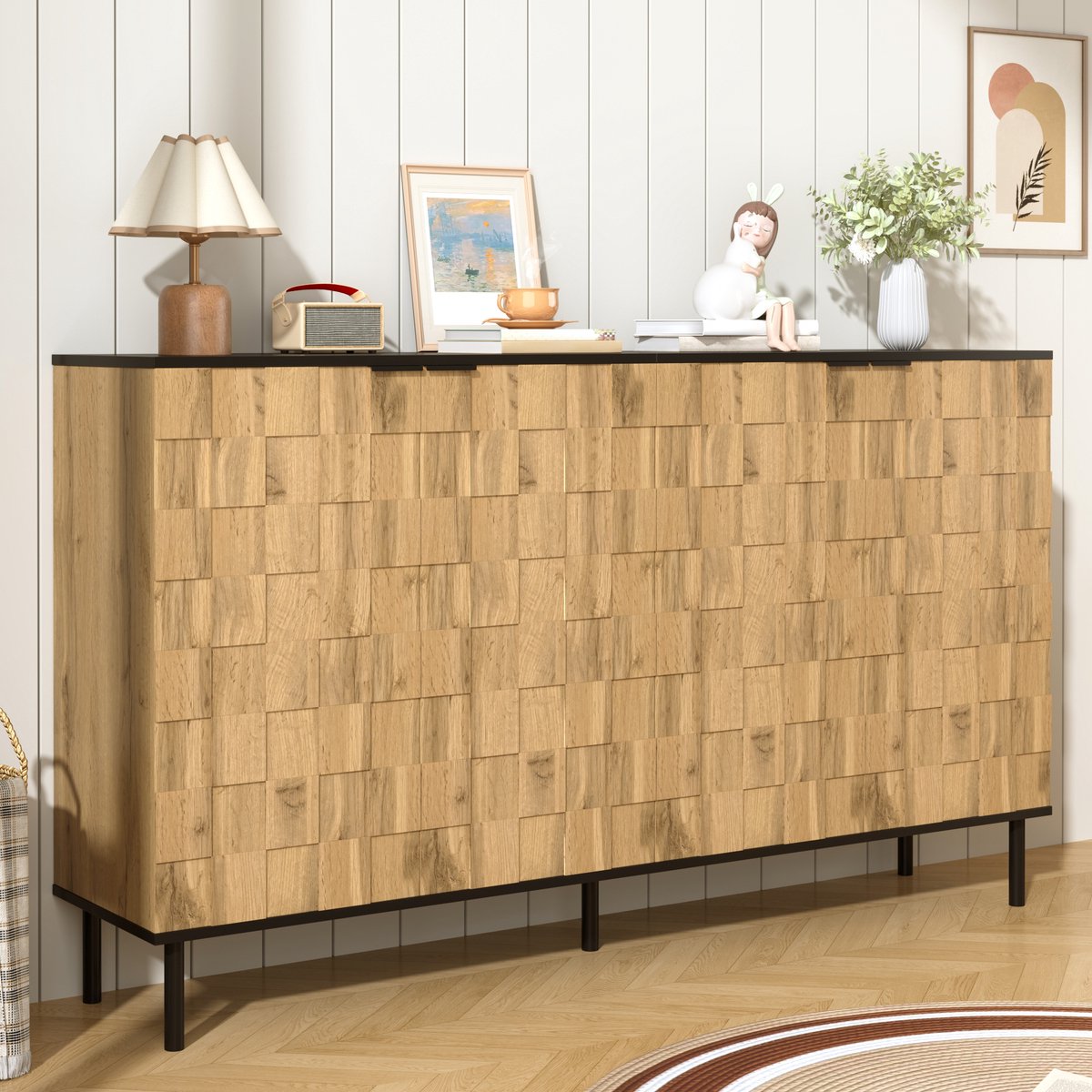 Sideboard met mozaïekdeuren - Houtlook met zwarte metalen poten - 2 deuren, vaste legplanken - Duurzaam krasvast spaanplaat - Geschikt voor woonkamer, eetkamer, hal en slaapkamer