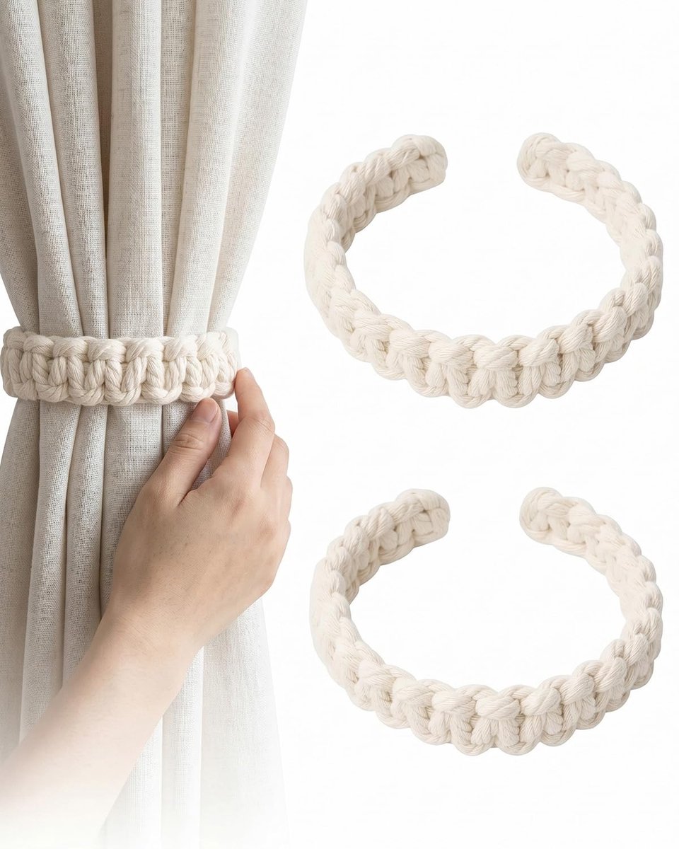 Gordijnhouders 2 stuks - crèmewit gevlochten katoenen touw - boho-stijl decoratief - voor woonkamer en slaapkamer - ShopVlot