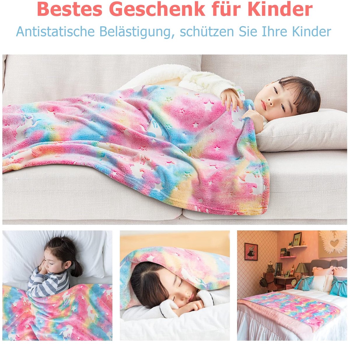 knuffeldeken - 100 x 150 cm deken licht op in het donker, warm en wollig, kinderdeken voor meisjes en jongens van 1-10 jaar - woondeken als cadeau (gekleurd, 100 x 150 cm)