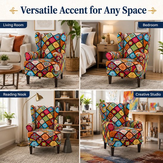 Fauteuilhoes, stoelhoezen voor vleugelfauteuil, stoelbekleding, elastische stretch tijger stoelbekleding met armleuning, hoge rugleuning, universeel (Mandala) — afbeelding 5