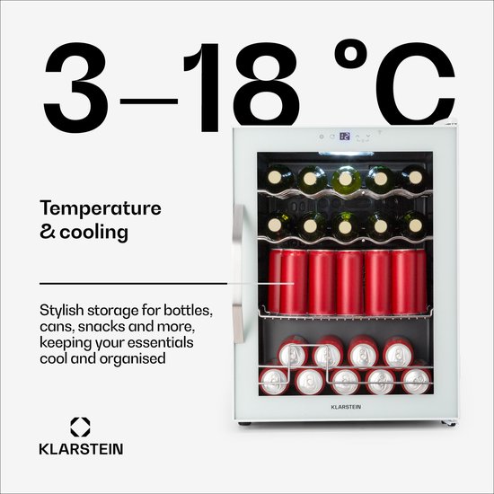 Klarstein Drankkoeler Coachella 60 Drankenkoelkast - 60 liter met wifi, glazen deur, LED-binnenverlichting, 3-18 °C, 7 lichtkleuren, 3 metalen schappen, energie-efficiëntieklasse E, wit - Drankkoelkast - Touch - RVS - Drankenkoeler van Klarstein — afbeelding 4