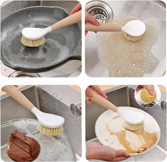 Afwasborstel voor keuken, 5 stuks, bevat afwasborstels van hout, sisalharen, composteerbare spons, microvezeldoek, voor het schrobben van gootsteen, potten, pannen — afbeelding 3