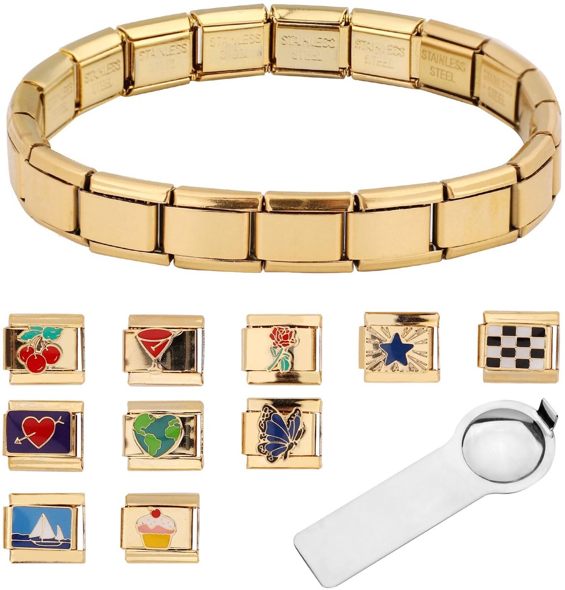 Charm Armband, Gouden Italiaanse Armband met Openingstool en 10 Afneembare Charms Roestvrijstalen Italiaanse Armband Charms Verstelbare Italiaanse Charm Armband voor Vrouwen