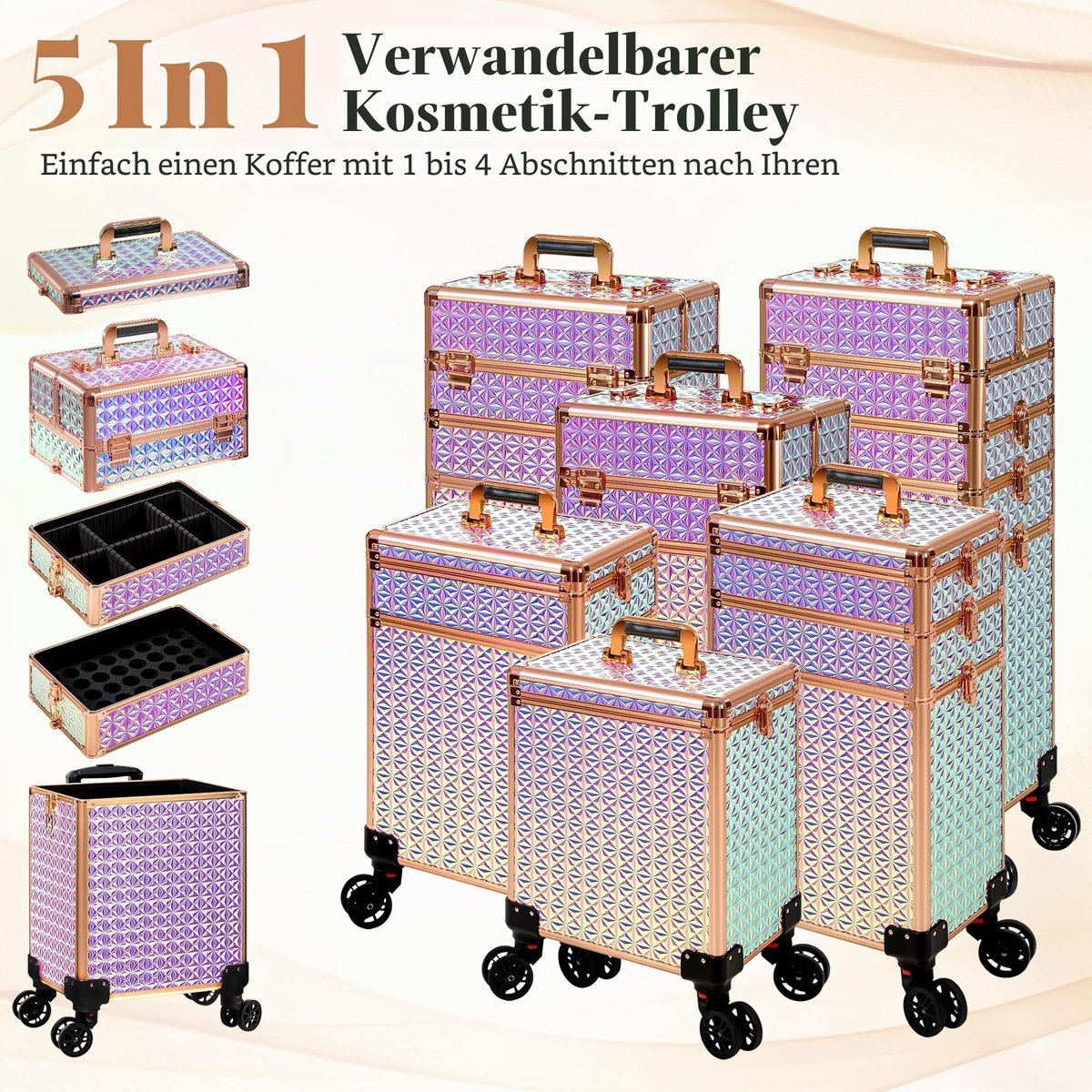 Make-upkoffer voor dames, make-up beautytrolley op wielen, professionele grote make-upkoffer organizer, rolkoffer, nageltechnicus koffer met sloten (kleurrijk)