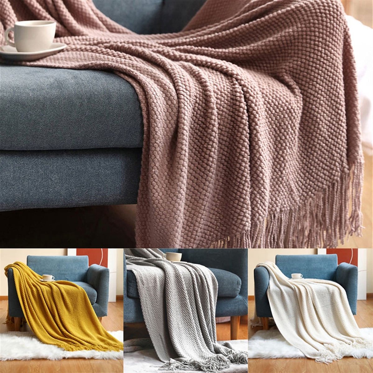 Kleur Gebreide Deken Acryl Chunky Throw Deken Bed Decoratieve kwastjes Bed Tail Handdoek en DAP Cover Sofa bedsprei Zachte deken (Color : Lake Green-A, Size : 127x152cm)